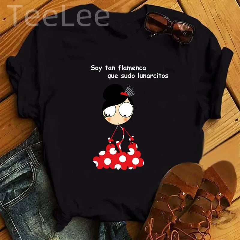 Women T Shirt Flamengo Dance Cartoon Girl