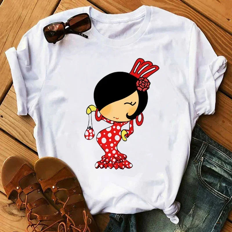 Women T Shirt Flamengo Dance Cartoon Girl
