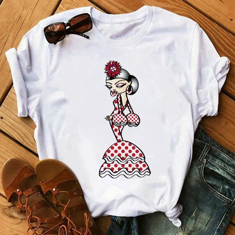 Women T Shirt Flamengo Dance Cartoon Girl